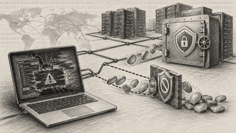 Ilustrație în creion cu un laptop compromis, servere, un seif digital și fluxuri de monede parțial blocate, pe fundal binar.