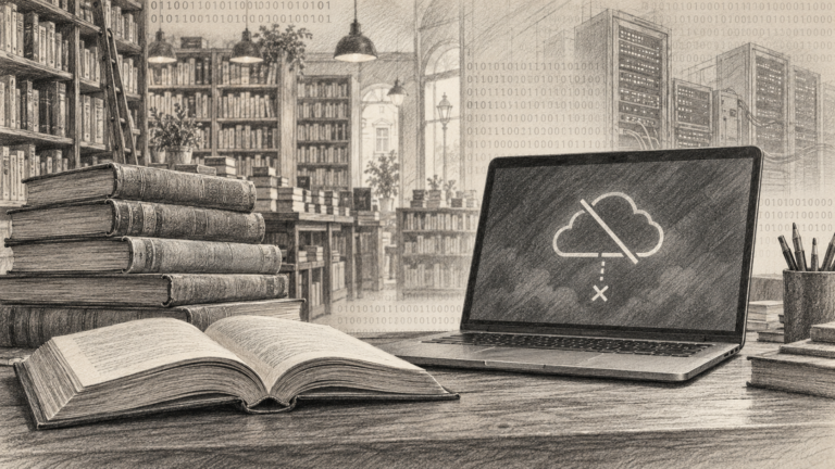 Ilustrație în creion cu o stivă de cărți și un laptop cu simbol de deconectare, pe fundal de librărie și pattern binar.