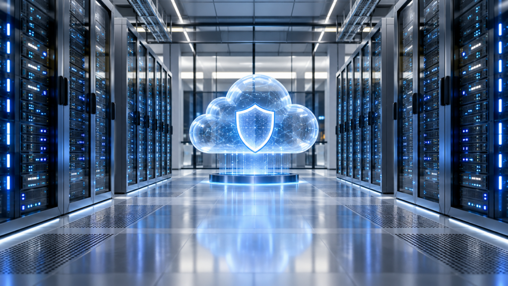 Ilustrație AI cu servere și un simbol de cloud protejat