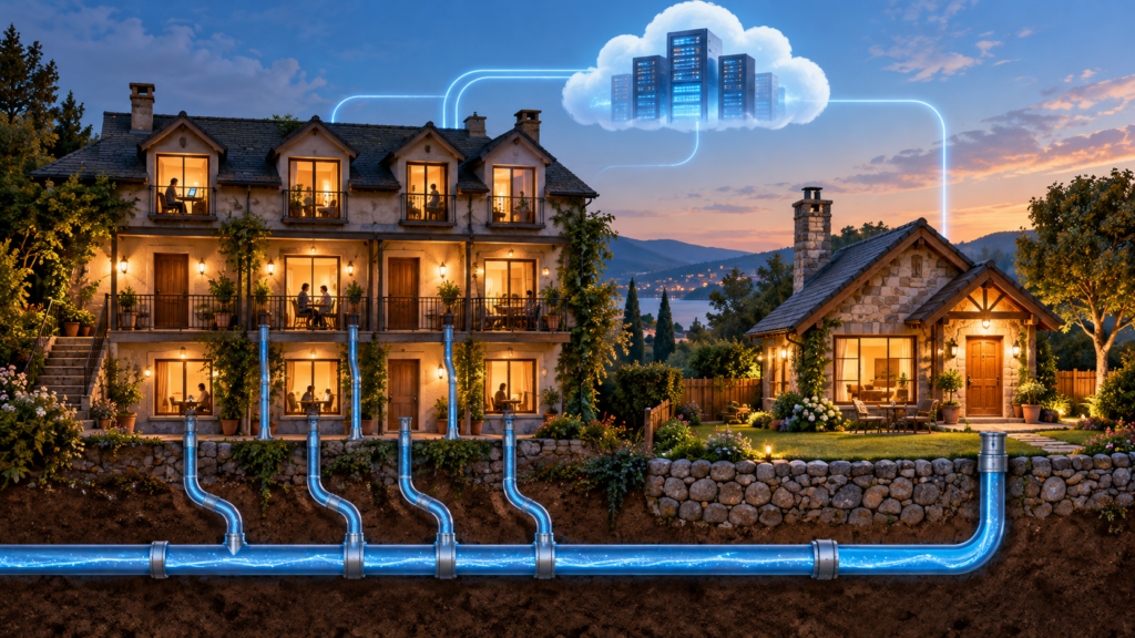 Ilustrație despre cloud hosting cu resurse dedicate și shared hosting, comparate cu o căsuță și o pensiune
