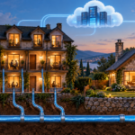 Ilustrație despre cloud hosting cu resurse dedicate și shared hosting, comparate cu o căsuță și o pensiune