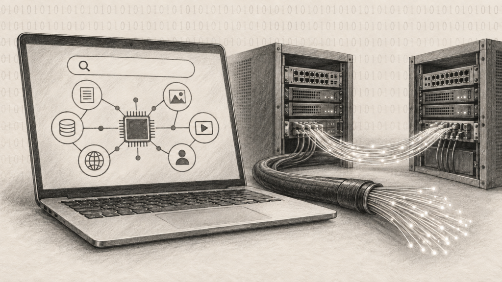 Desen în creion cu laptop, căutare web, cabluri de fibră optică și echipamente telecom, pe fundal binar.