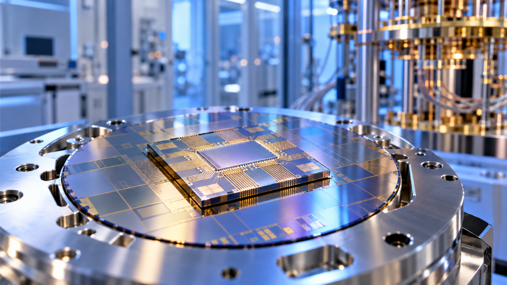 Ilustrație AI cu un cip cuantic într-un laborator de semiconductori