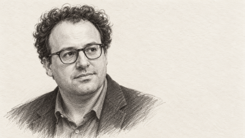 Portret al lui Dario Amodei realizat în stil de desen în creion