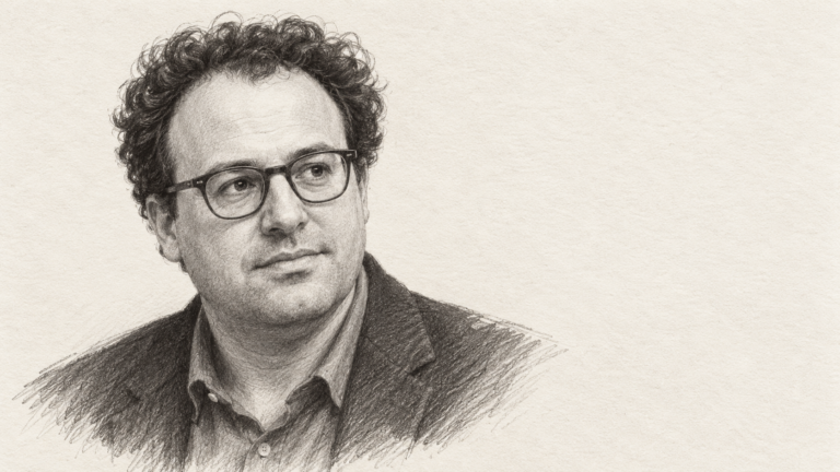 Portret al lui Dario Amodei realizat în stil de desen în creion