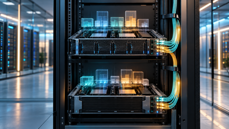 Ilustrație conceptuală cu două tipuri de module GPU într-un rack pentru cloud AI privat
