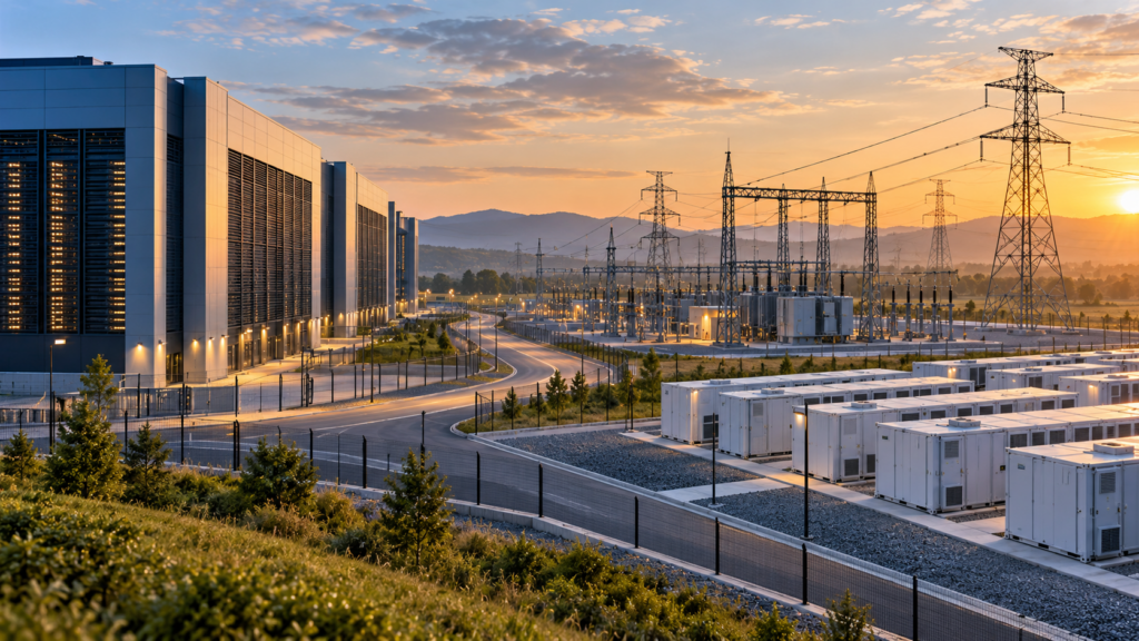 Ilustrație conceptuală cu un centru de date, o stație electrică și containere pentru stocarea energiei