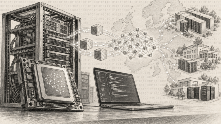 Ilustrație în creion cu un cip AI, servere și un laptop conectate la infrastructuri proprii, pe fundal binar.