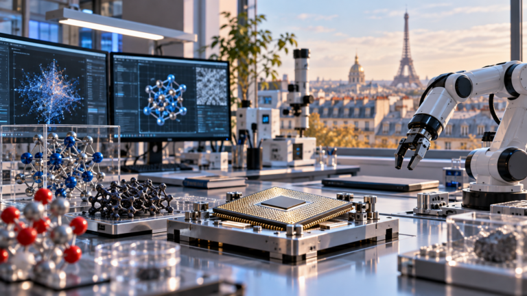 Laborator conceptual cu procesor, braț robotic și modele de materiale, la Paris