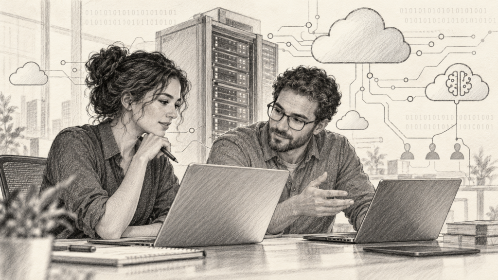 Ilustrație în creion cu doi profesioniști IT, laptopuri, servere și simboluri cloud pe fundal binar.