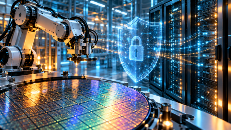 Ilustrație generată cu AI: braț robotic, rețele și disc semiconductor