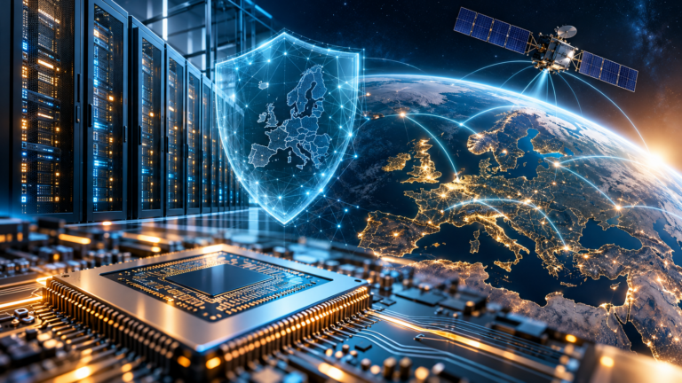Ilustrație generată cu AI: servere AI, cip, scut de securitate și satelit