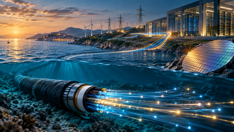 Ilustrație generată cu AI: cablu submarin, servere, disc semiconductor și infrastructură energetică