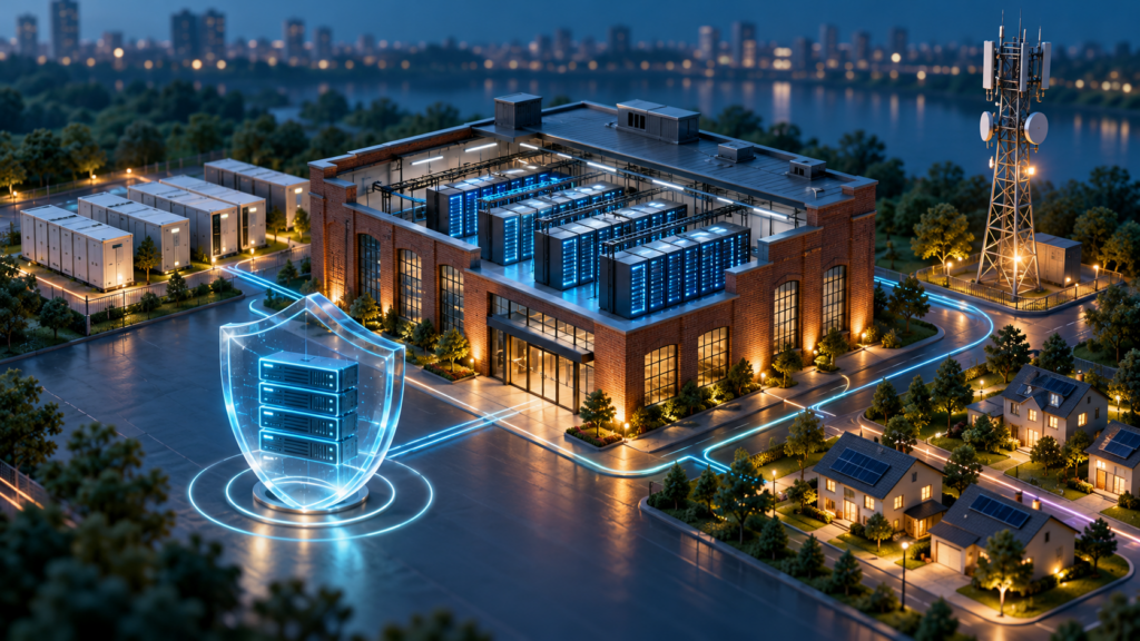 Ilustrație conceptuală cu centru de date într-o clădire industrială, baterii, turn telecom și scut digital