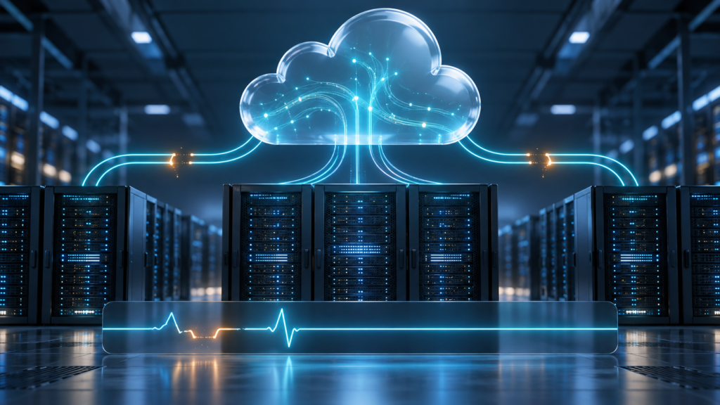 Ilustrație conceptuală cu infrastructură cloud și conexiuni digitale restabilite