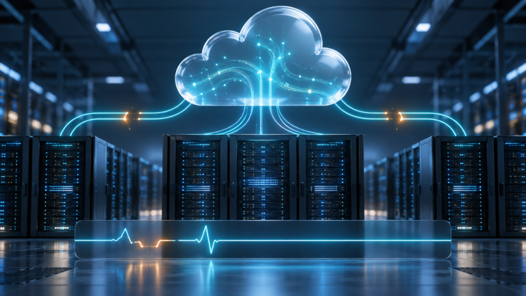 Ilustrație conceptuală cu infrastructură cloud și conexiuni digitale restabilite