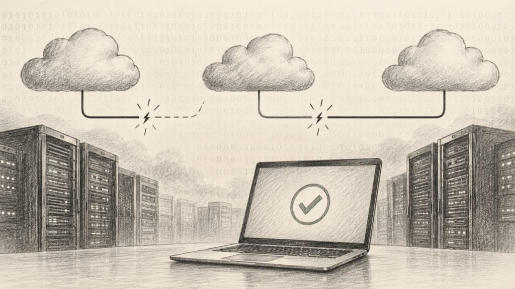 Desen în creion cu servere, conexiuni cloud întrerupte și un laptop cu simbol de confirmare, pe fundal binar.