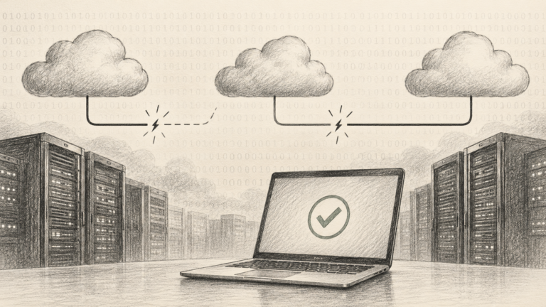 Desen în creion cu servere, conexiuni cloud întrerupte și un laptop cu simbol de confirmare, pe fundal binar.