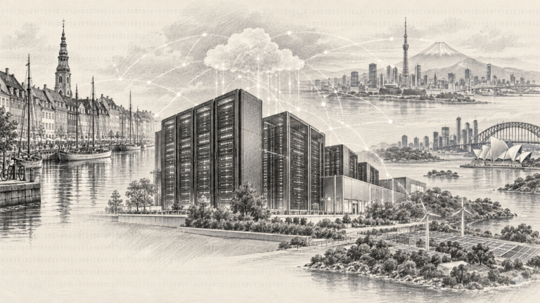 Ilustrație în creion cu servere și repere urbane din Copenhaga, Tokyo și Sydney, pe fundal binar.