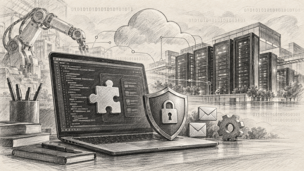 Ilustrație în creion cu un laptop, scut, simboluri de mesagerie, servere și un braț robotic, pe fundal binar.