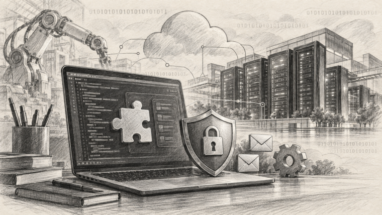 Ilustrație în creion cu un laptop, scut, simboluri de mesagerie, servere și un braț robotic, pe fundal binar.