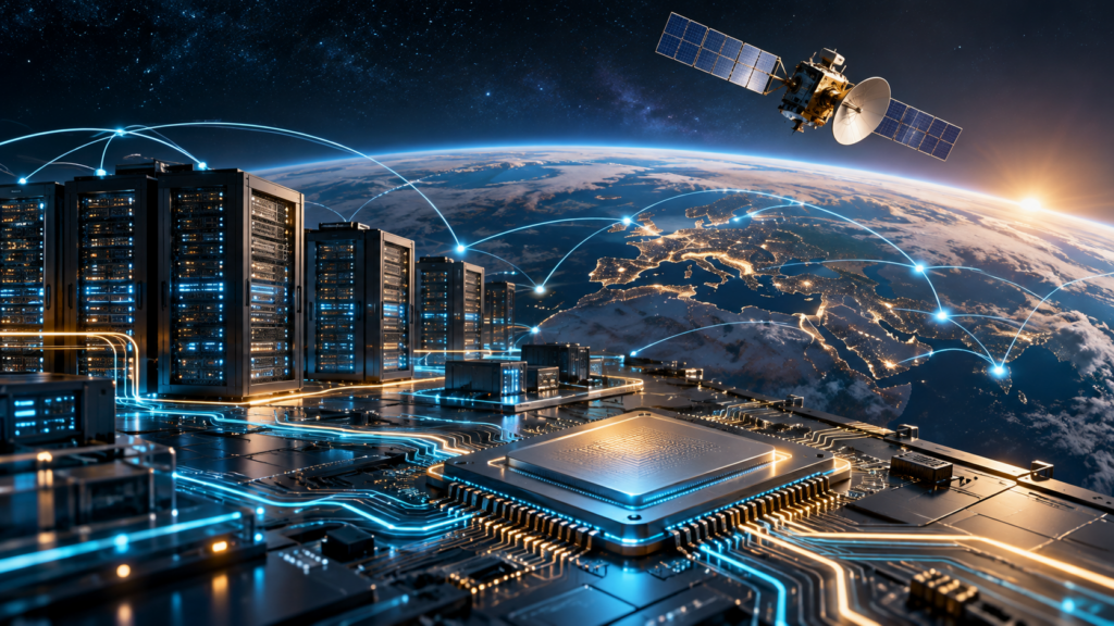Ilustrație conceptuală cu servere, un cip și un satelit de comunicații
