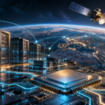 Ilustrație conceptuală cu servere, un cip și un satelit de comunicații