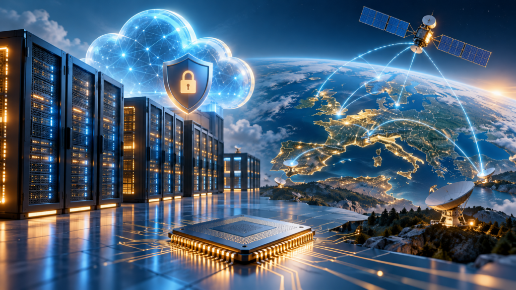 Ilustrație generată cu AI: servere, cloud securizat, cip și satelit cu stații terestre europene