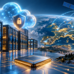 Ilustrație generată cu AI: servere, cloud securizat, cip și satelit cu stații terestre europene