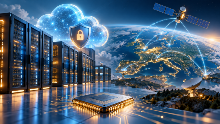 Ilustrație generată cu AI: servere, cloud securizat, cip și satelit cu stații terestre europene