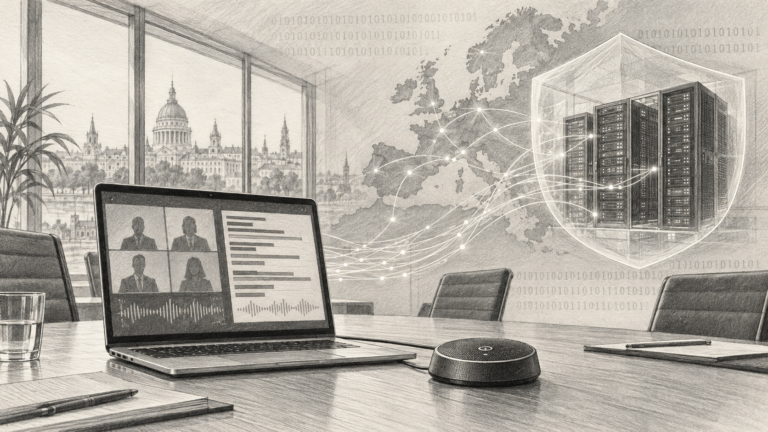 Ilustrație în creion cu o videoconferință, microfon și servere protejate, pe o hartă a Europei cu fundal binar.