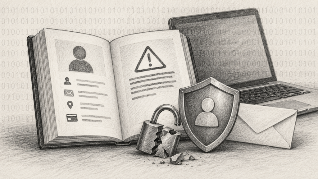 Desen în creion cu o carte digitală, o notificare și un lacăt, pe fundal cu pattern binar